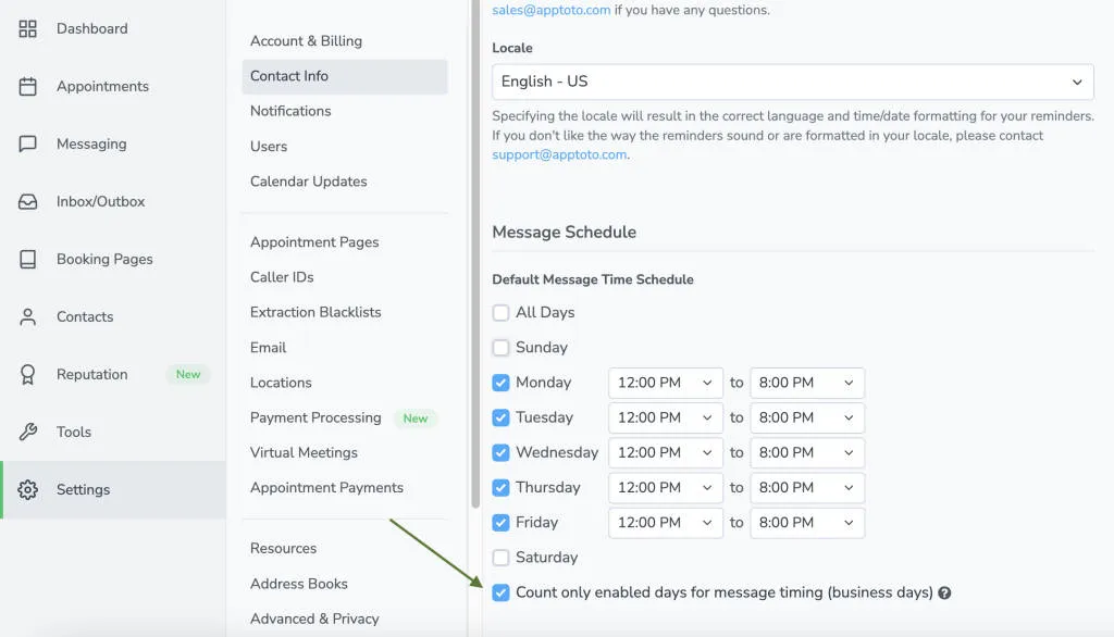 "Count only enabled days for message timing" tells Apptoto to count back X enabled days when sending reminders.