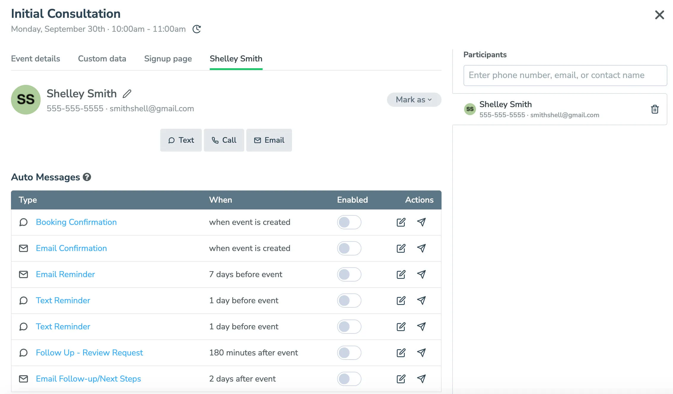 Event editor displaying participant information with option to edit contact info and send messages