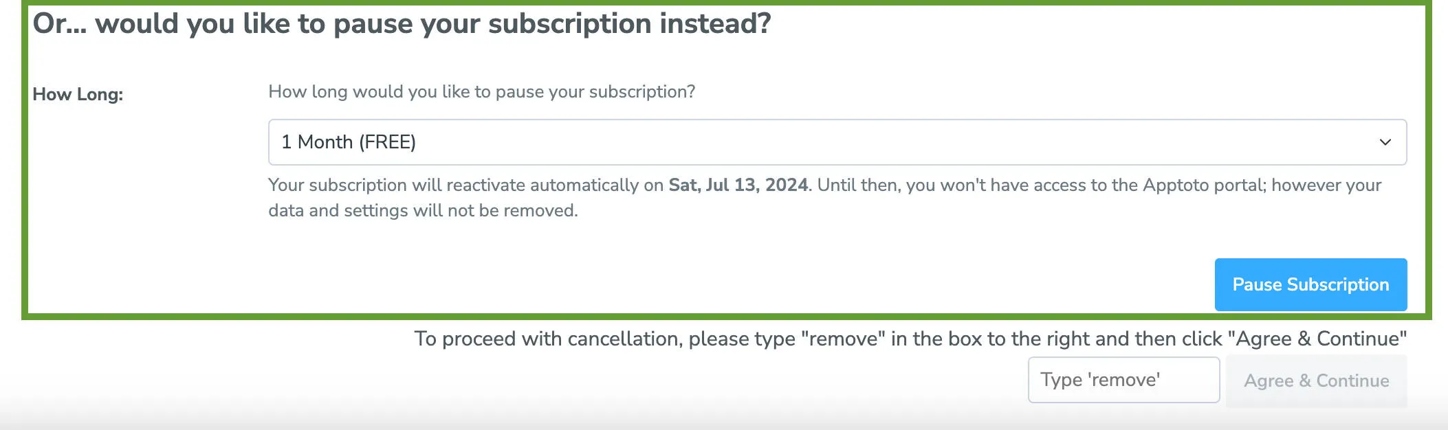 Pause your Apptoto account for up to three months free of charge
