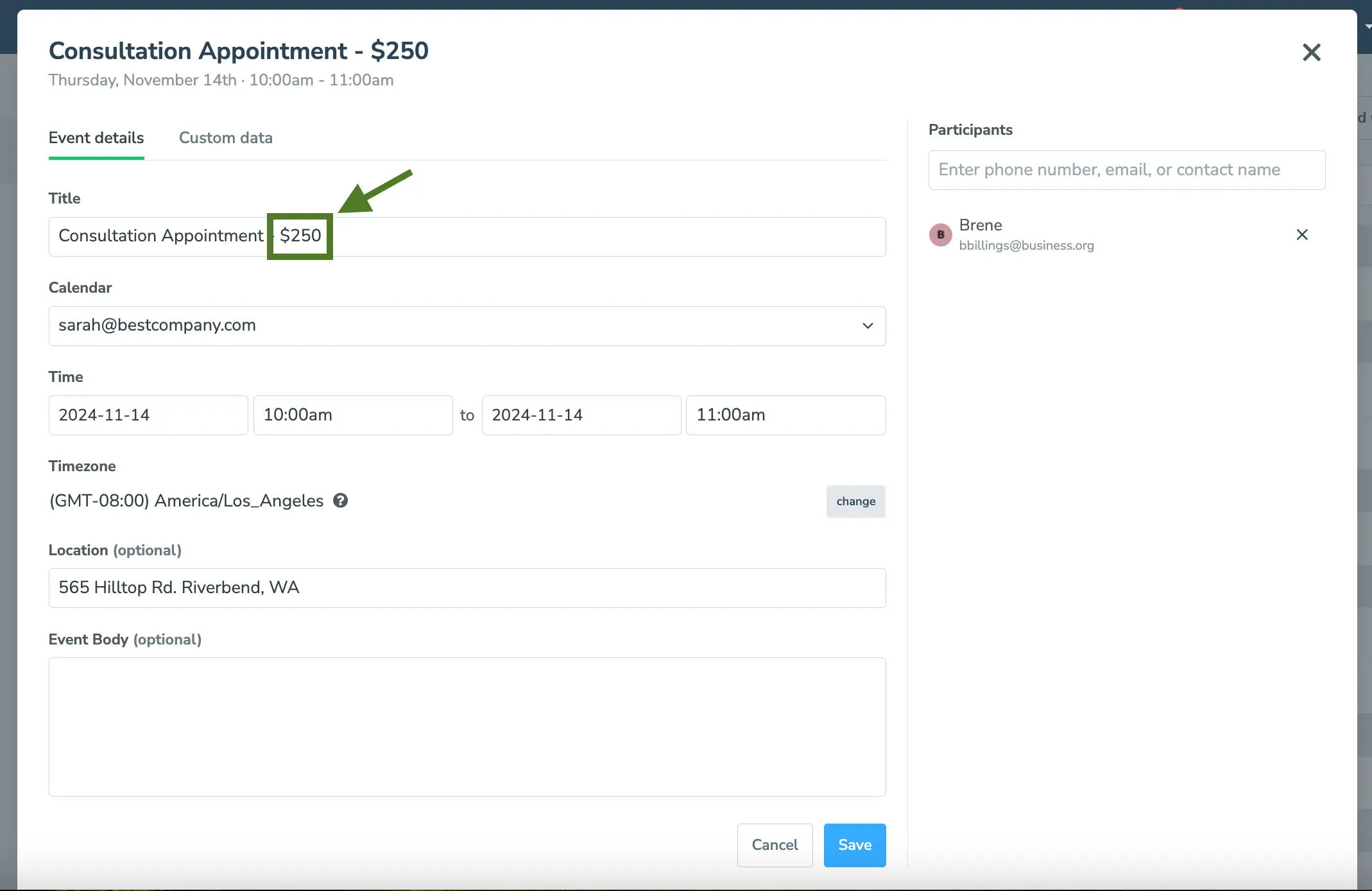 Add a price to the appointment editor to tell Apptoto what price to charge.