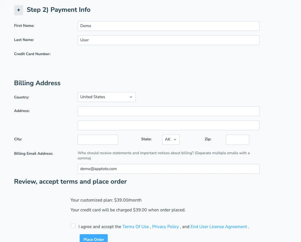 Step two of subscription process - entering payment information and placing order.