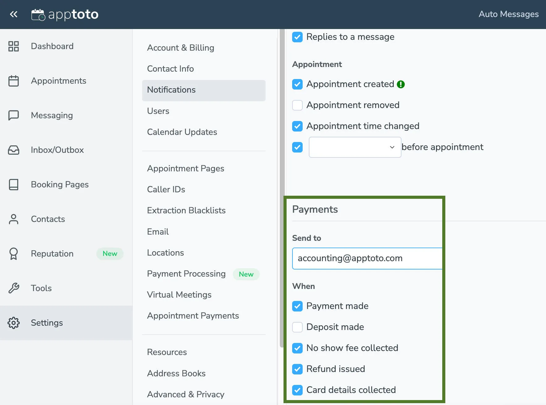 Payment notification settings