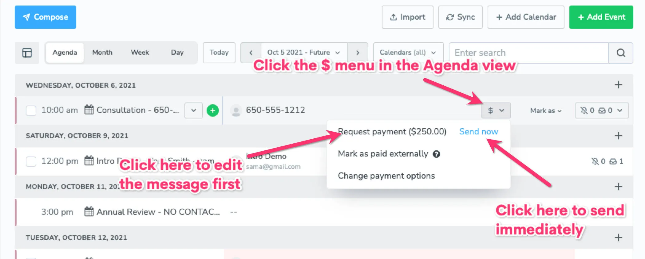 Multiple payment options available via the $ option on the Appointments tab
