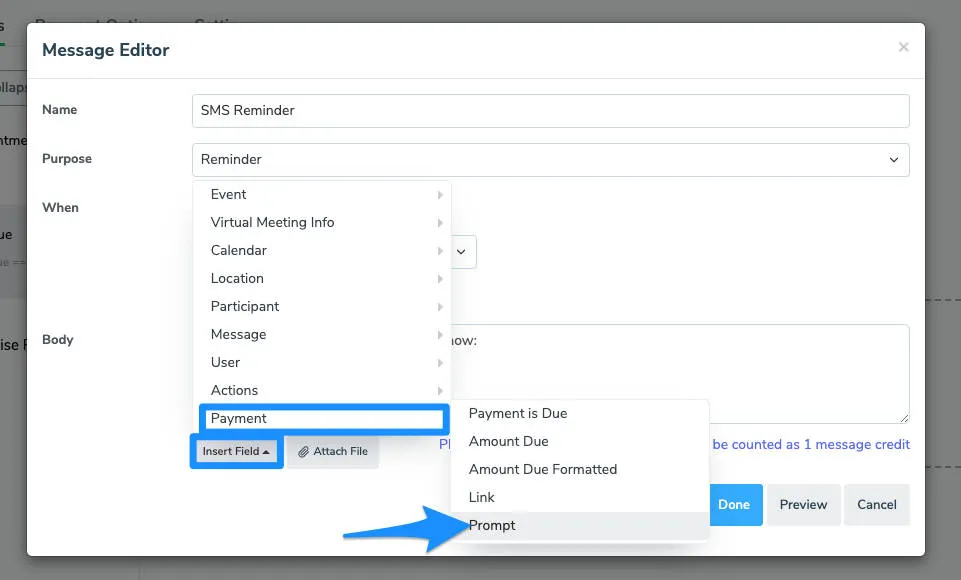 Insert payment.prompt field into a message