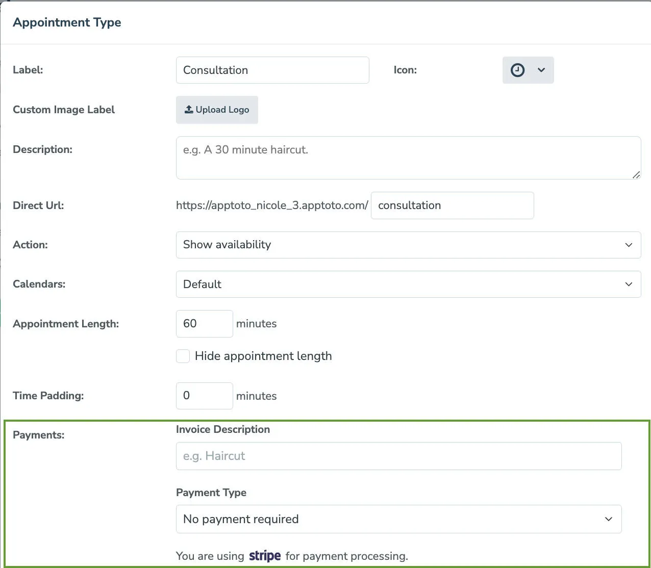 Set the payment requirements for individual appointment types via booking page settings.