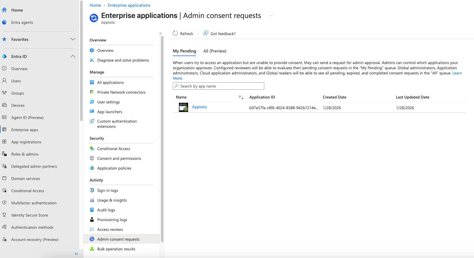 Pending admin consent request screen for Apptoto to allow Microsoft syncing