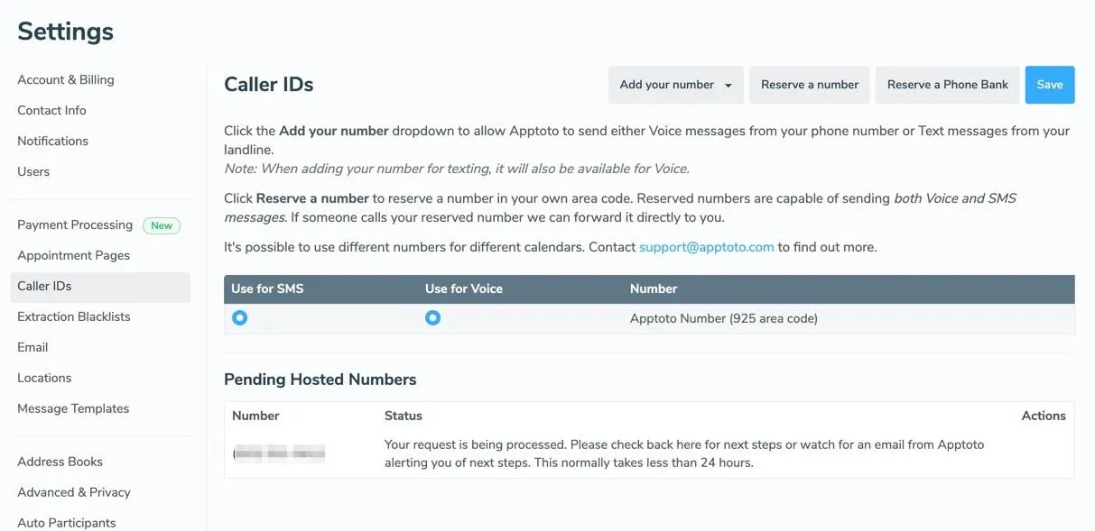 Apptoto Caller ID screen with pending hosted number request in processing status