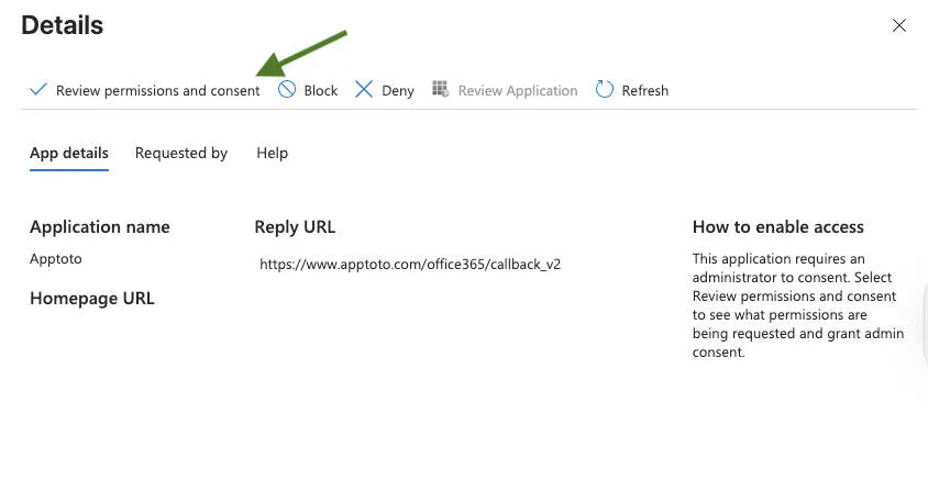 Microsoft Entra permissions screen for Apptoto app