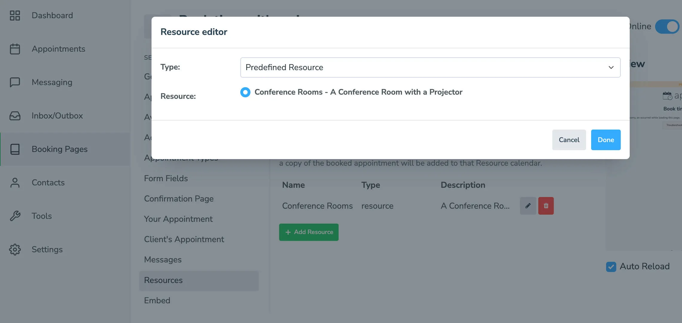 Add a predefined resource to your online booking page