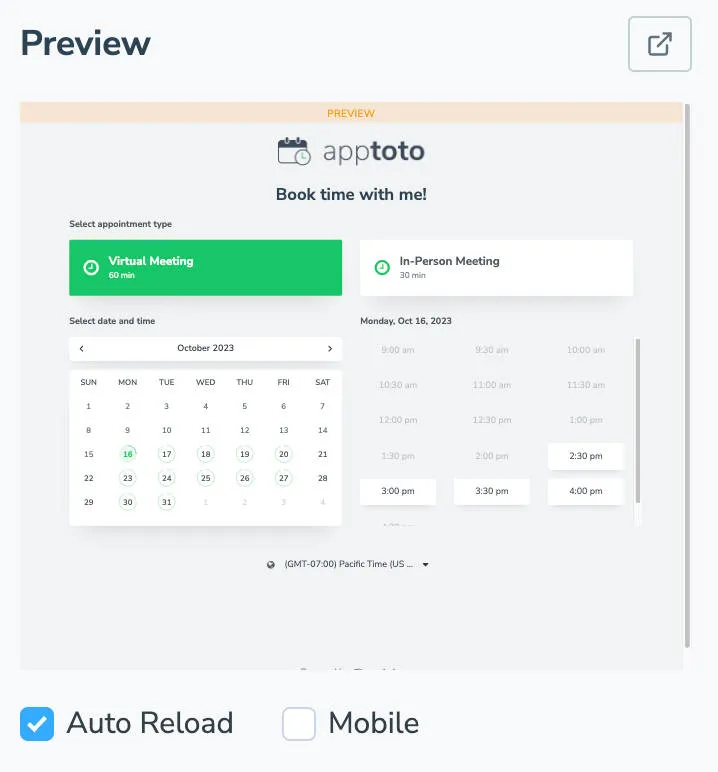 Preview your booking page in Apptoto