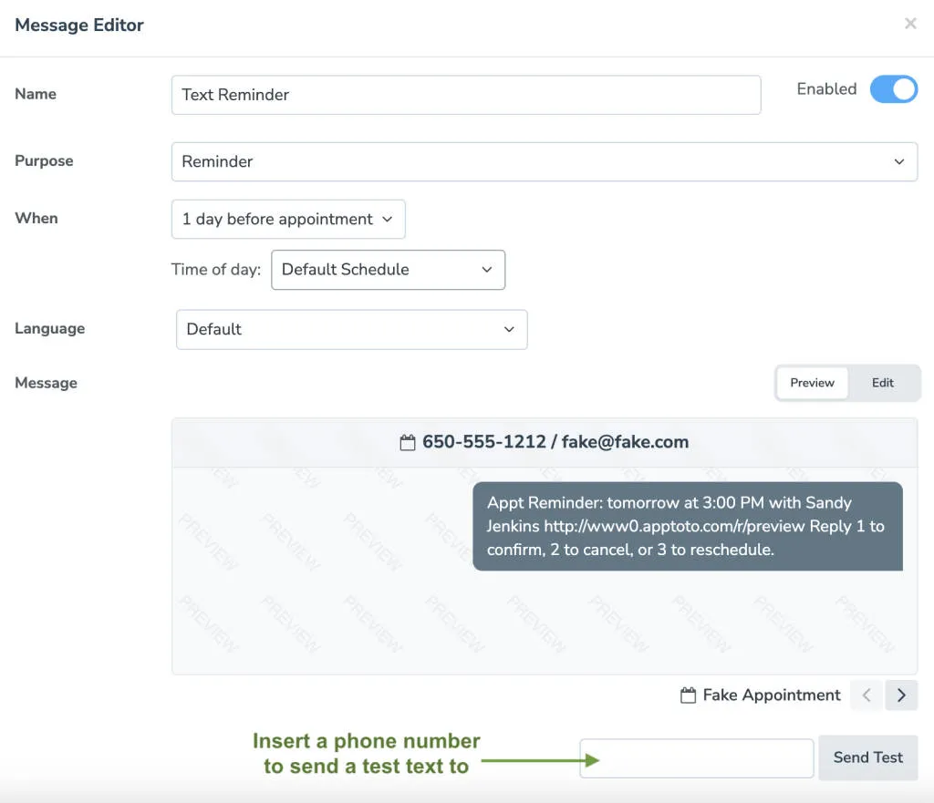 Apptoto's message preview screen lets you enter a phone number to send a test text to.