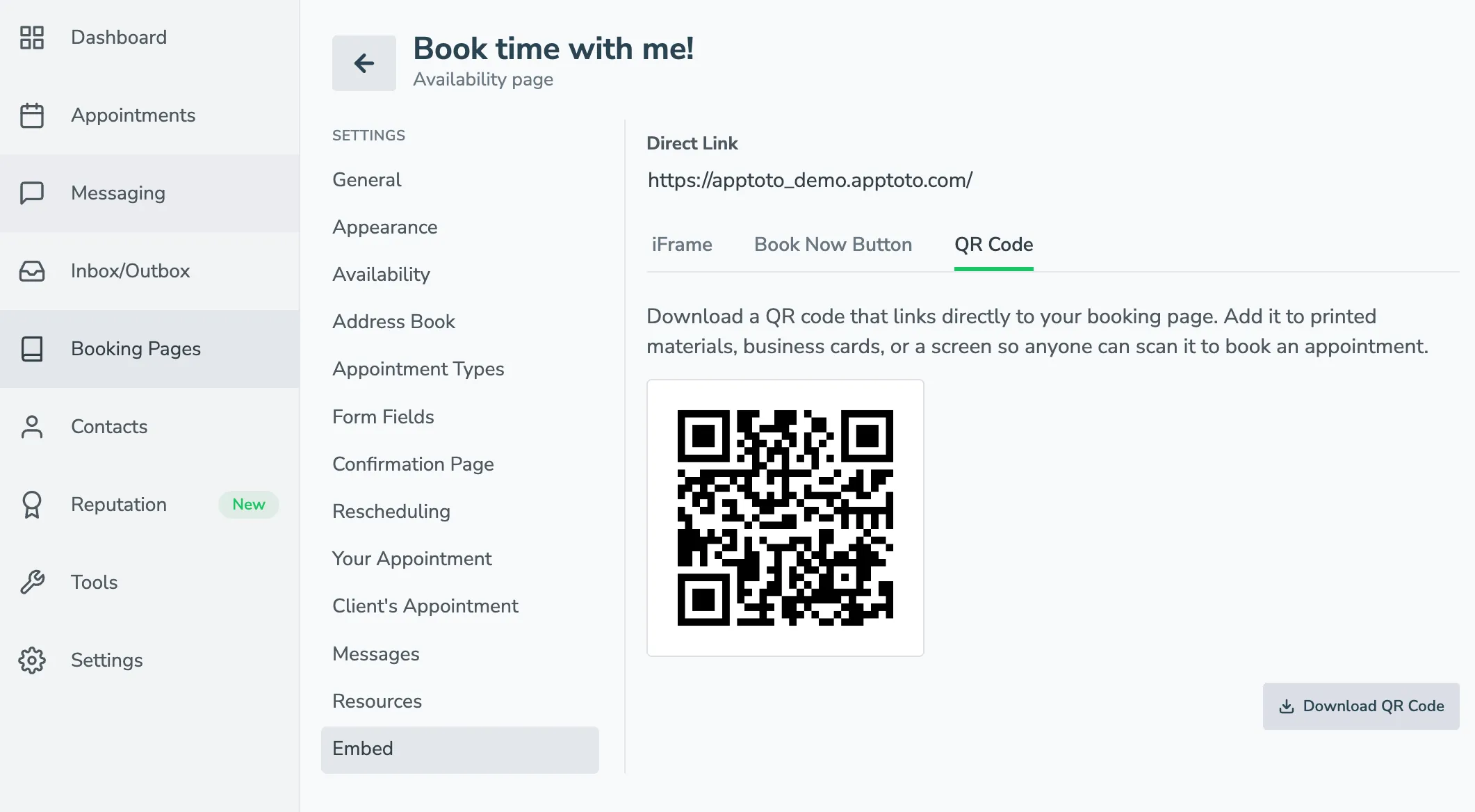 Download a QR code for your Apptoto booking page