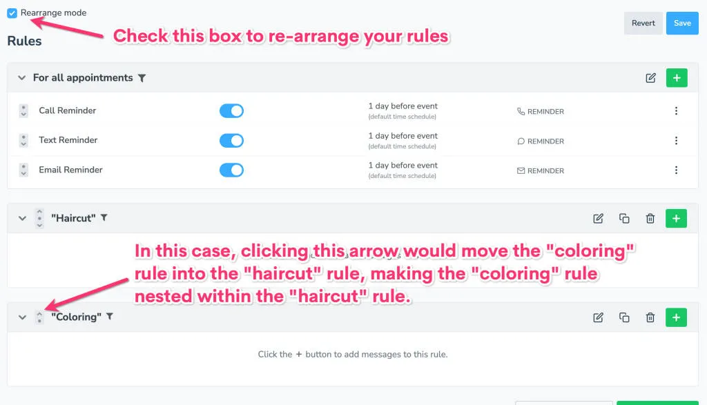 Re-arrange nested rules using "rearrange mode" checkbox