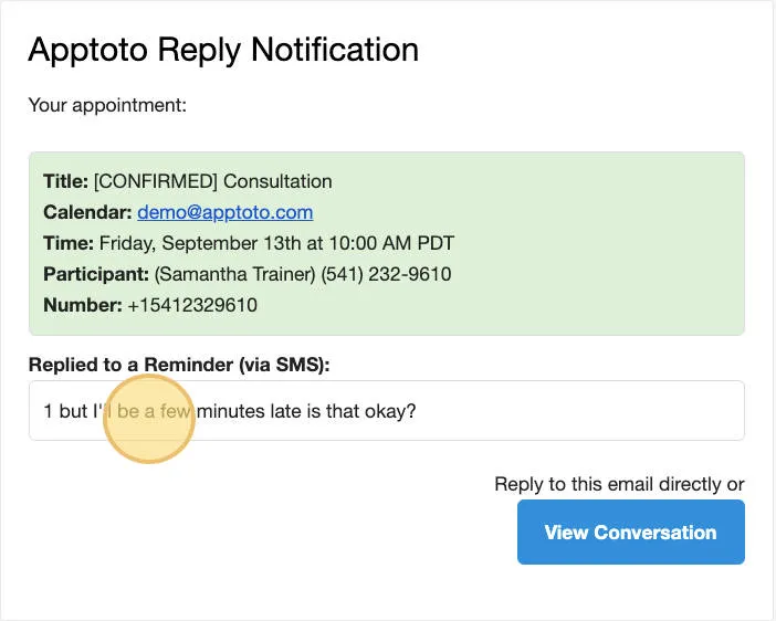 Business responds to client message about appointment reminder