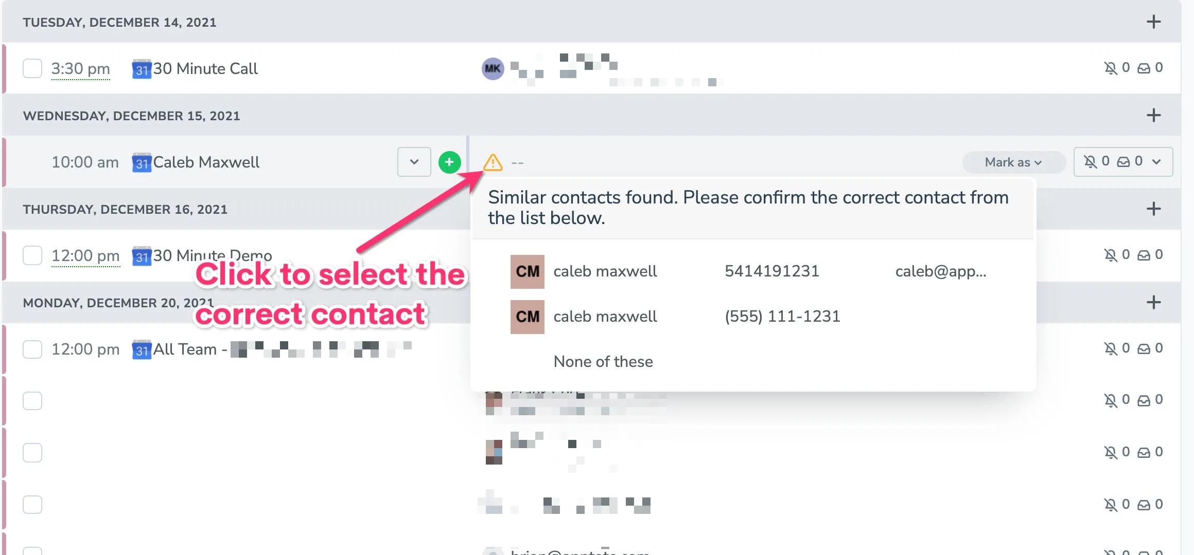 Resolve an ambiguous match by telling Apptoto which is the correct contact