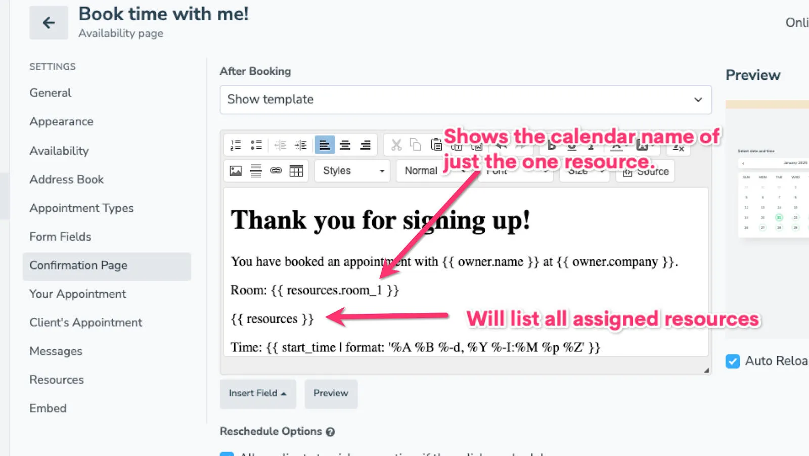 Use resources fields to add information about assigned resources to confirmation pages and appointment messages