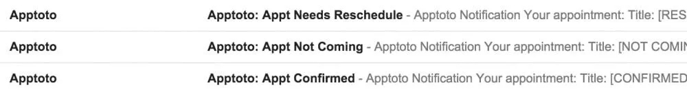 Example notification emails Apptoto user will receive when client responds to appointment reminder.
