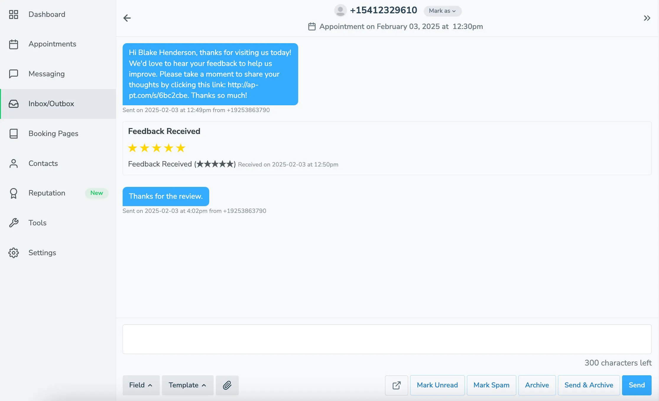 Review response in Apptoto on the Inbox/Outbox tab