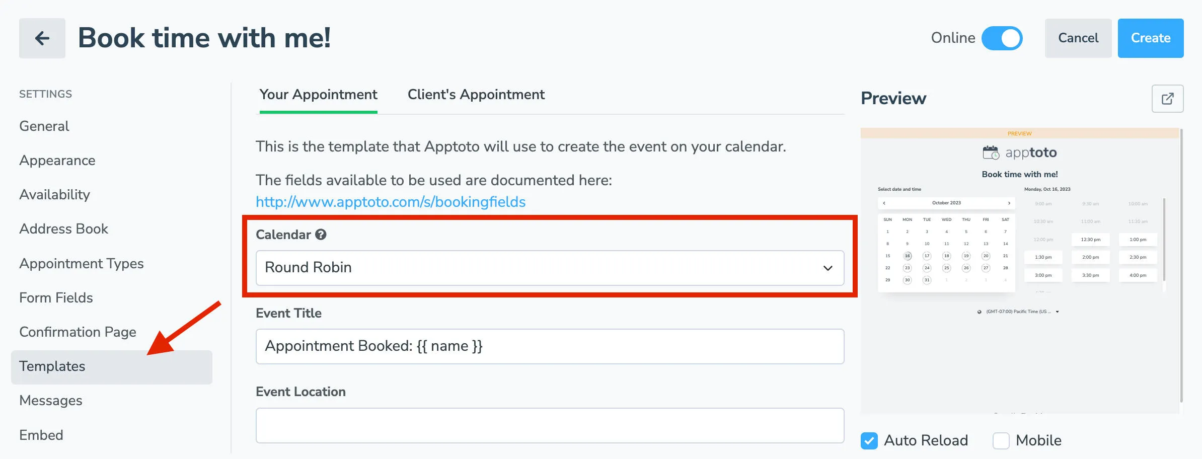 Assign newly booked appointments using the templates tab in apptoto