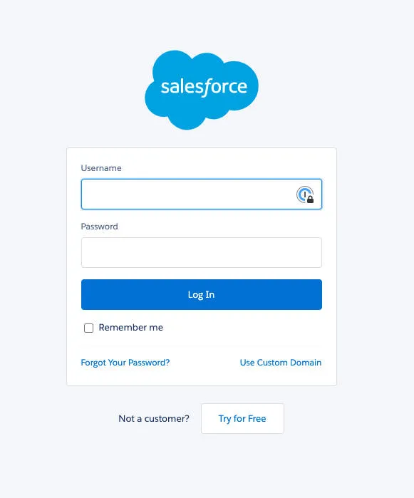Salesforce login screen where Apptoto users enter credentials to sync both platforms