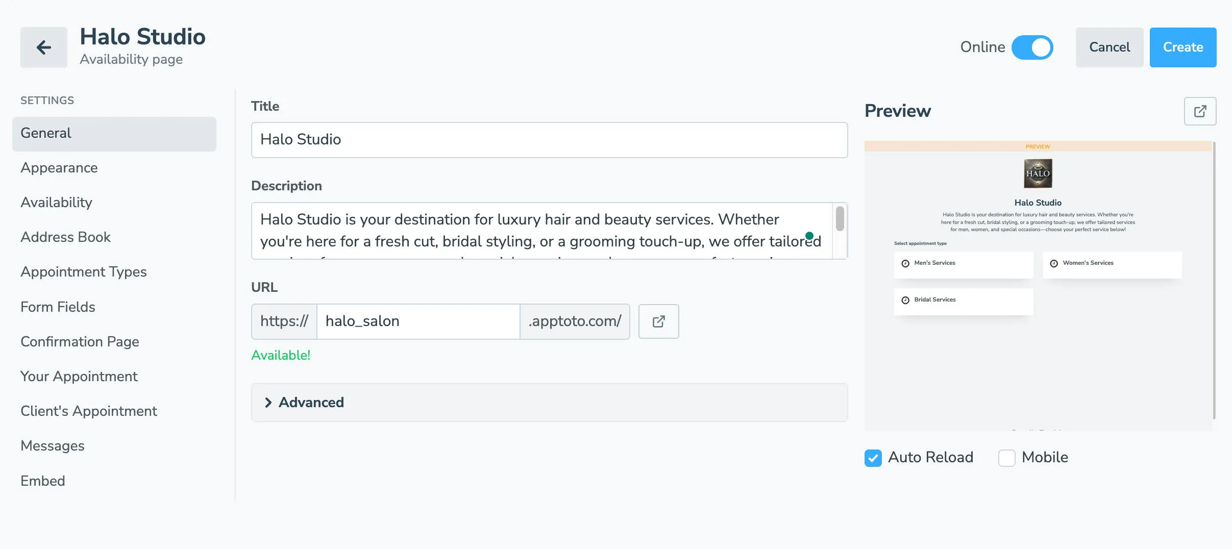 Salon booking page showing multiple services offered