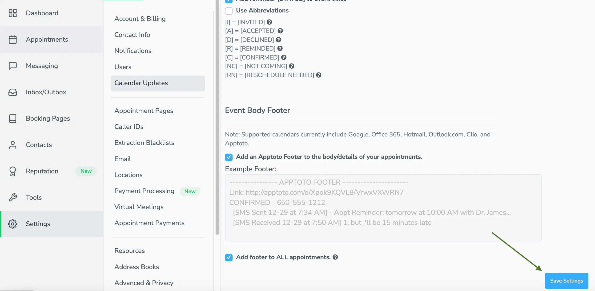 Save appointment event footer settings