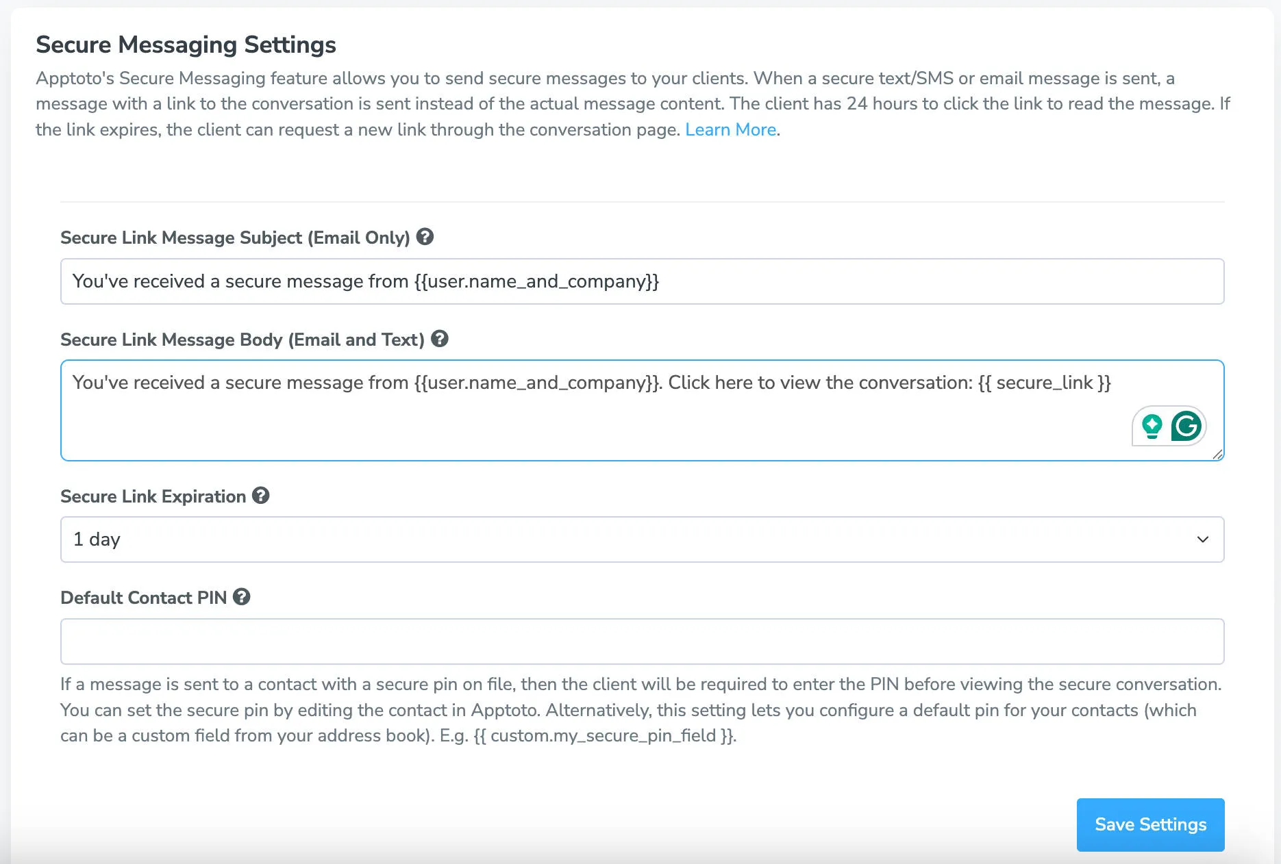 Adjust secure messaging settings including message content and link expiration timing