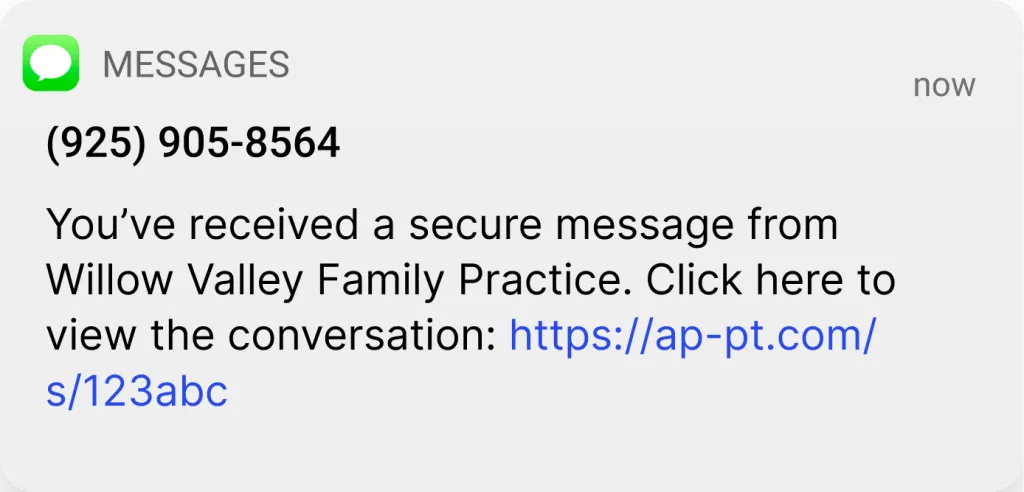 Example of secure message delivered to client or patient