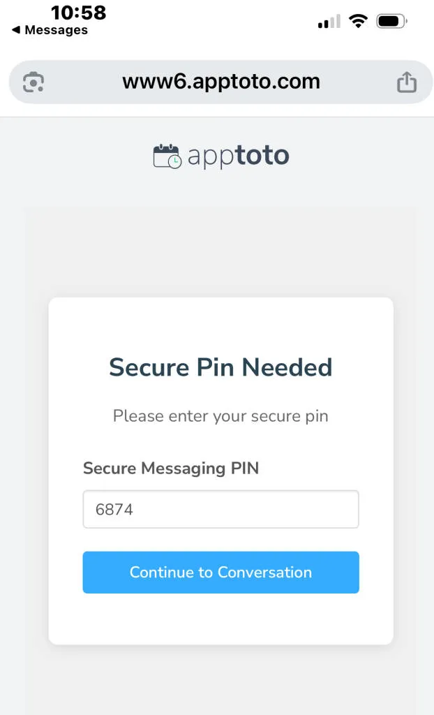 Secure messaging page where client or patient must enter PIN to access their message.