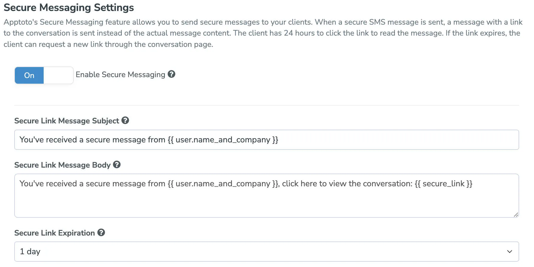 Adjust secure messaging settings include message content and link expiration timing