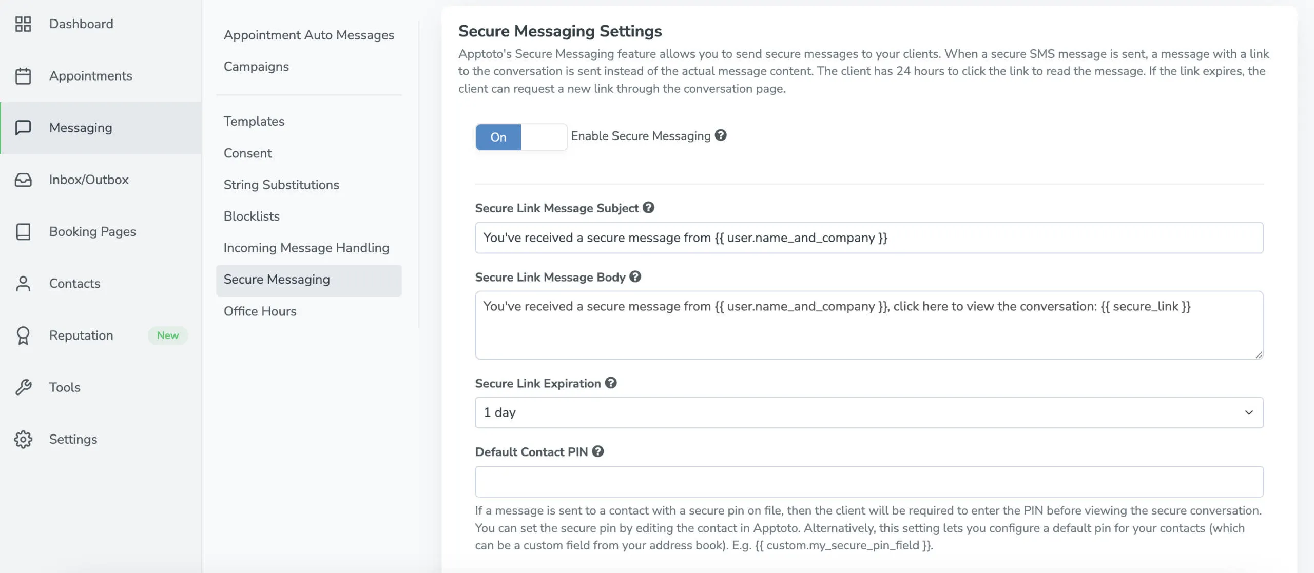 Set up secure messaging by toggling "enable secure messaging" on.