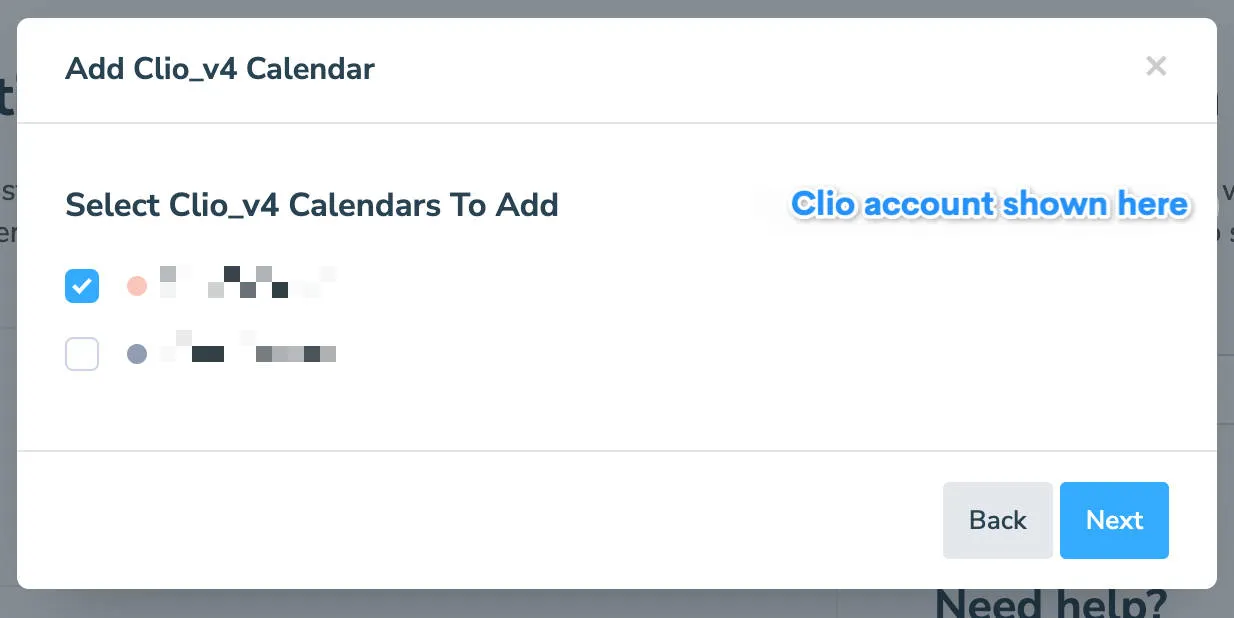 Apptoto interface displaying where you select which Clio calendars to sync with the platform