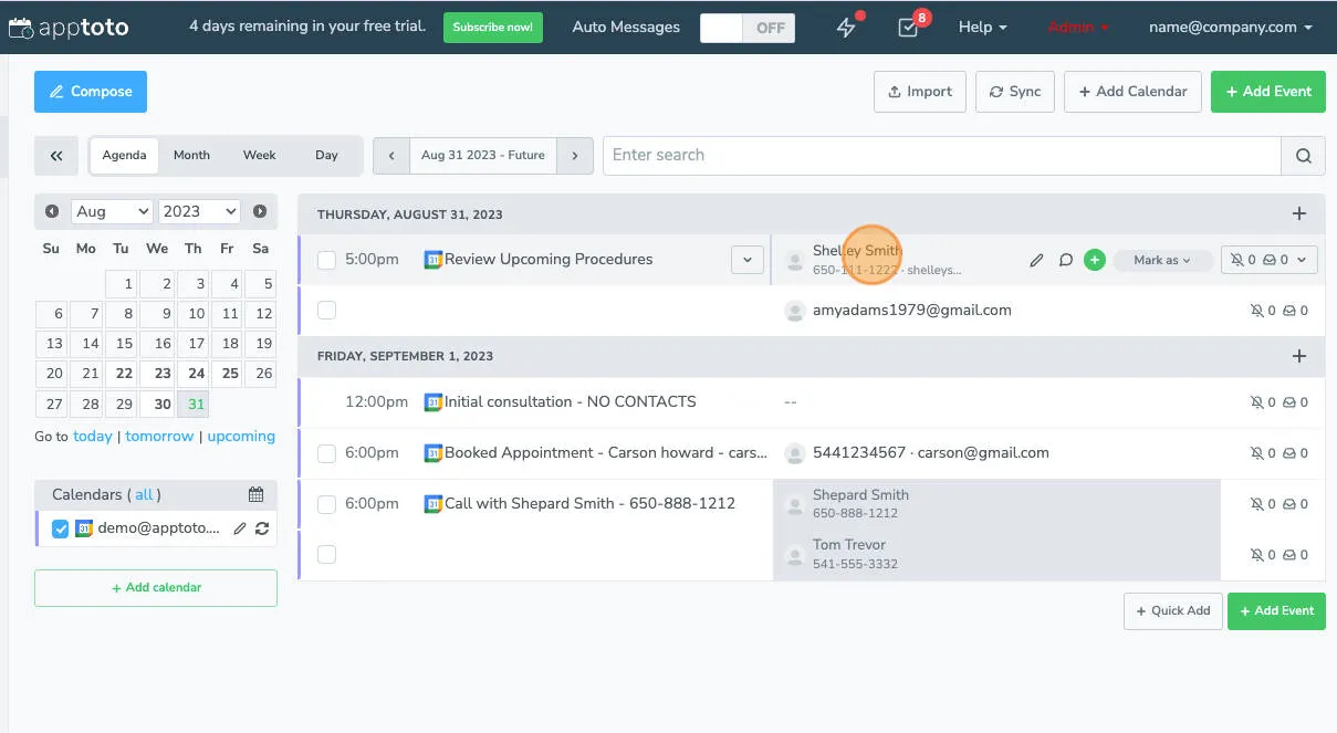 Send manual messages in Apptoto by first selecting the meeting participant