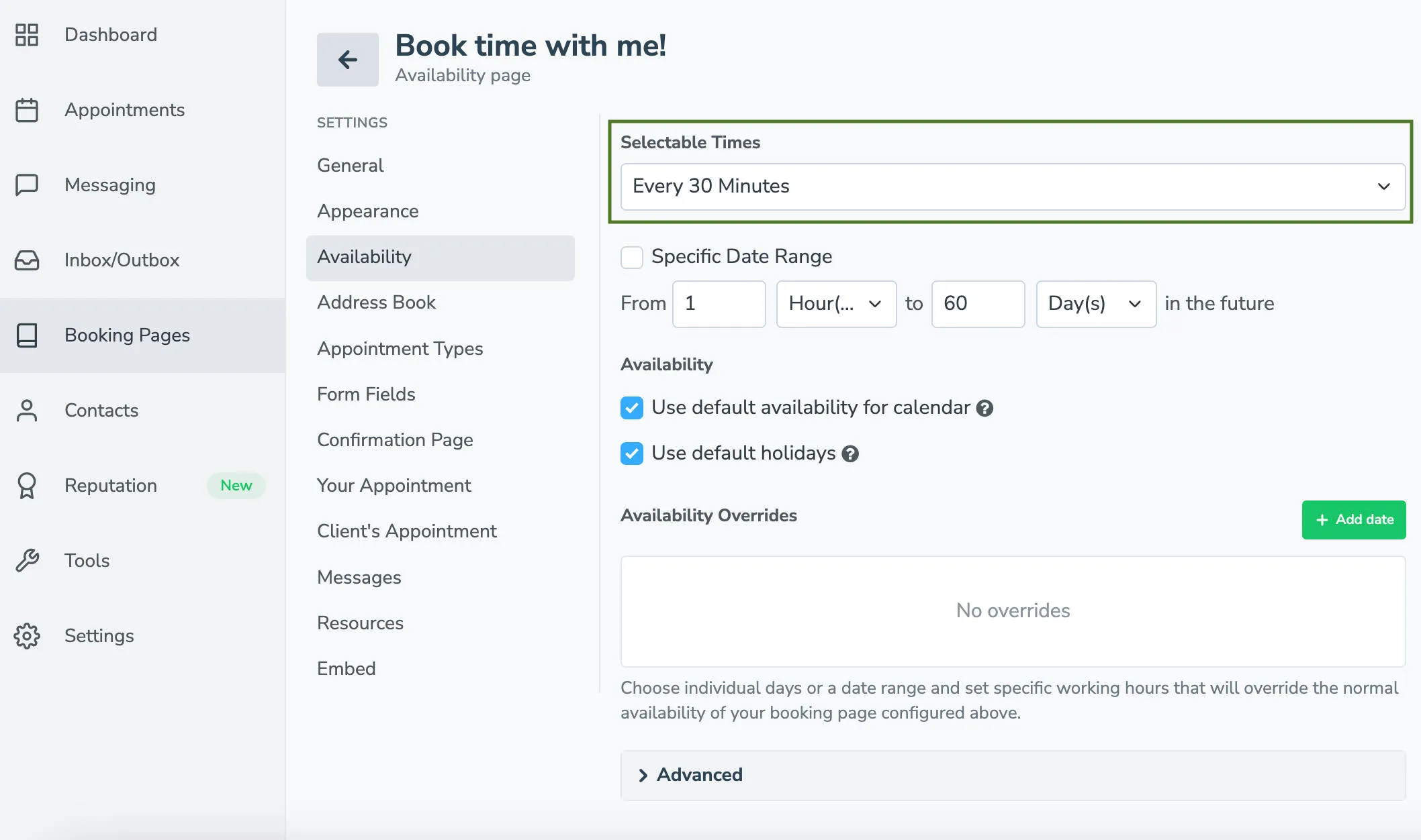available times for taking appointments on your booking page