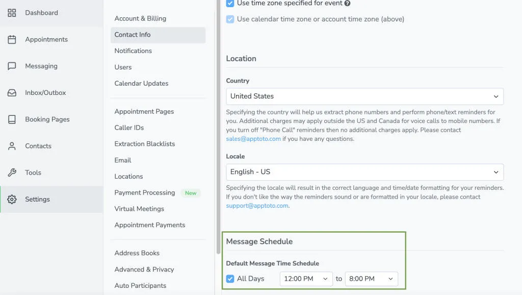 Apptoto's default message scheduling