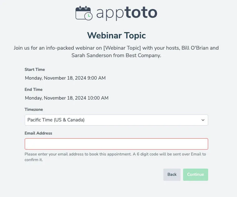 Apptoto signup page with date picker and registration form