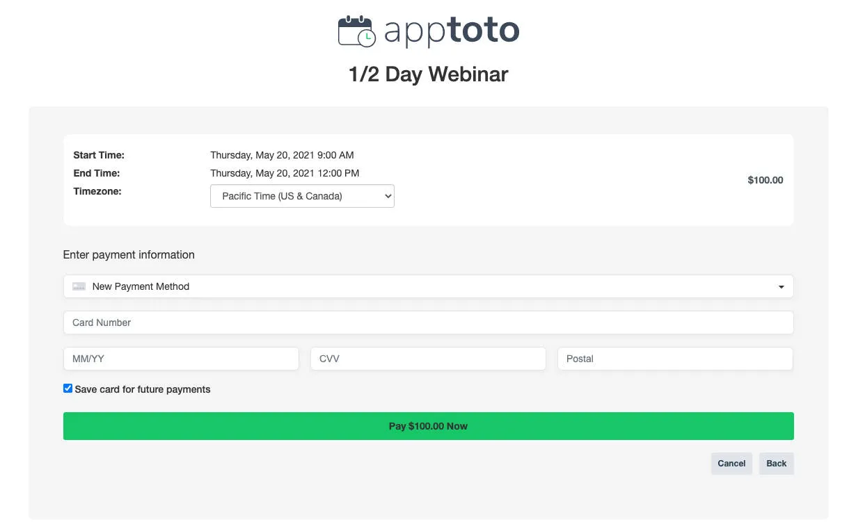 Apptoto sign up page with payment required