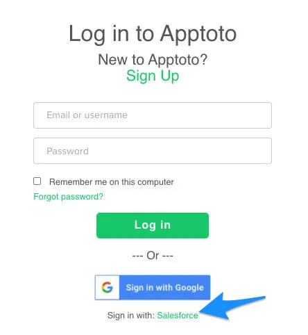 Apptoto signup form displaying "Sign In with Salesforce" button at bottom of form