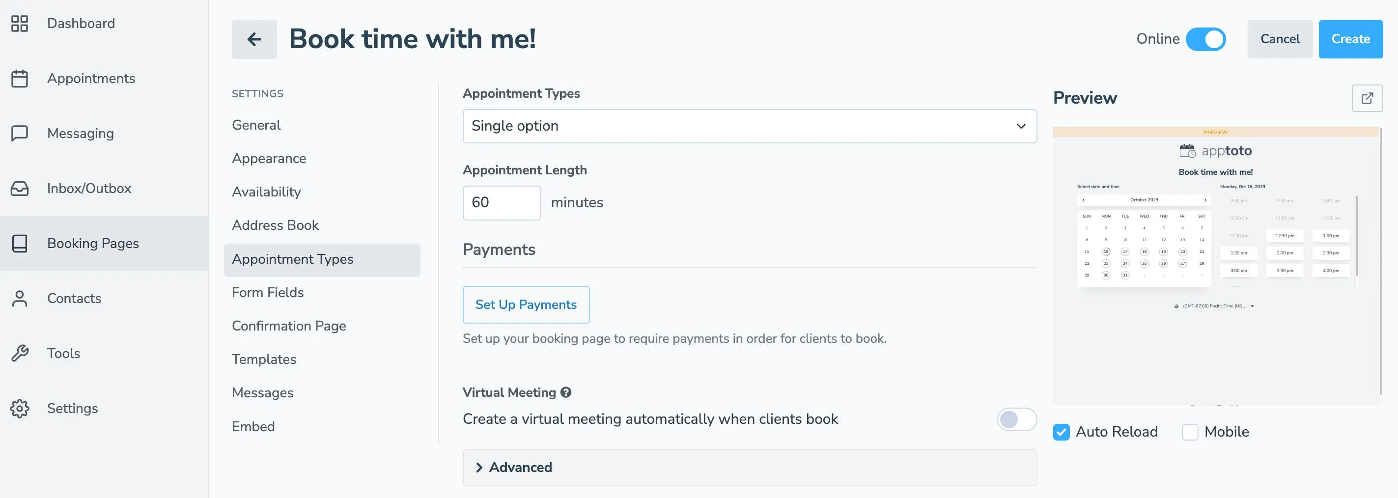 Add appointment types to booking pages using the Appointment Types tab.