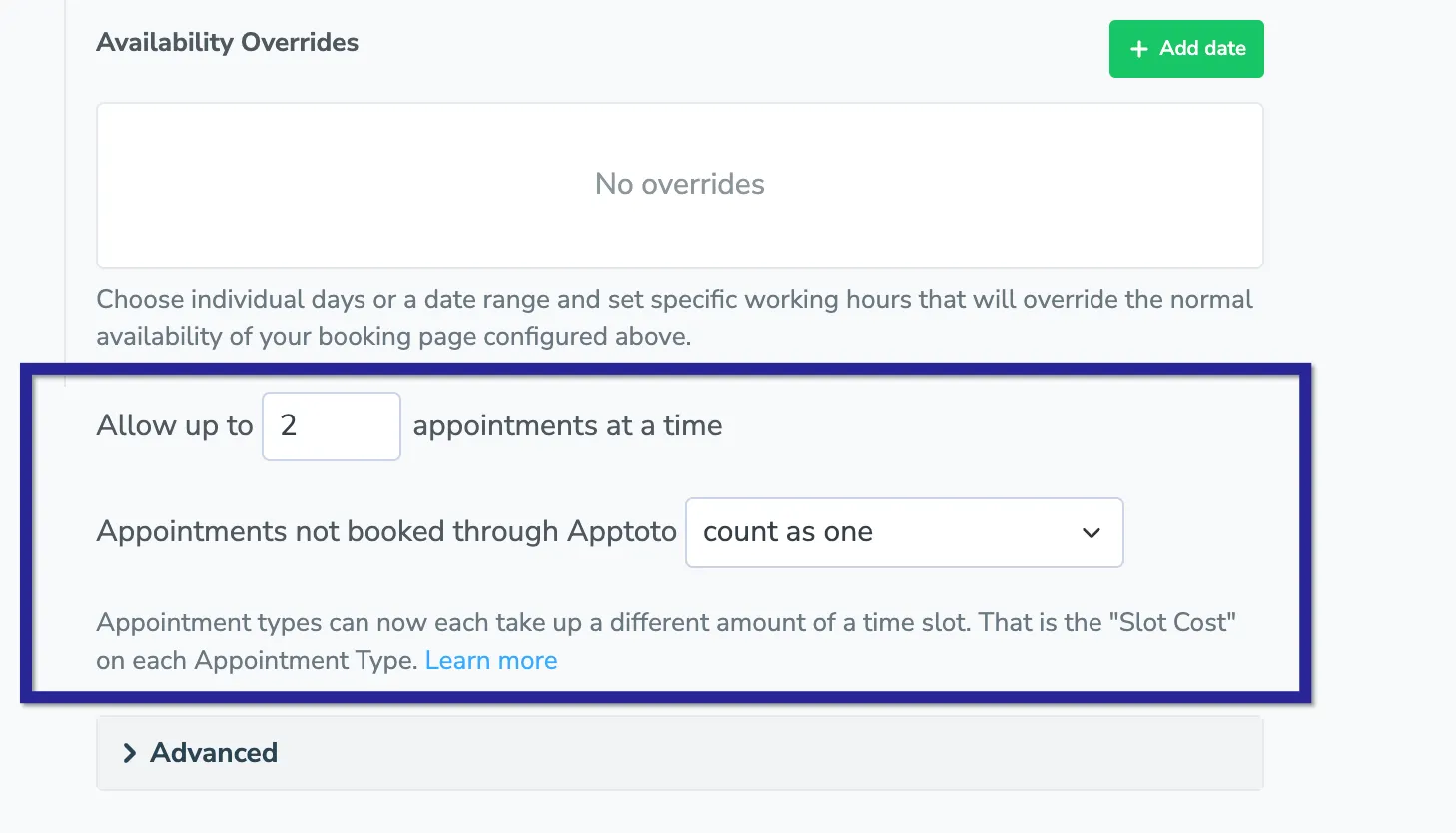 Allow more than one appointment in the same time slot on the Apptoto booking page Availability tab