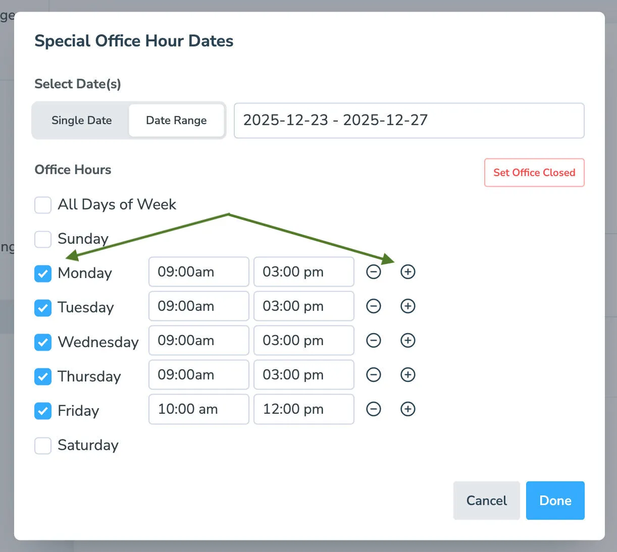 Adjust dates and times for special office hours