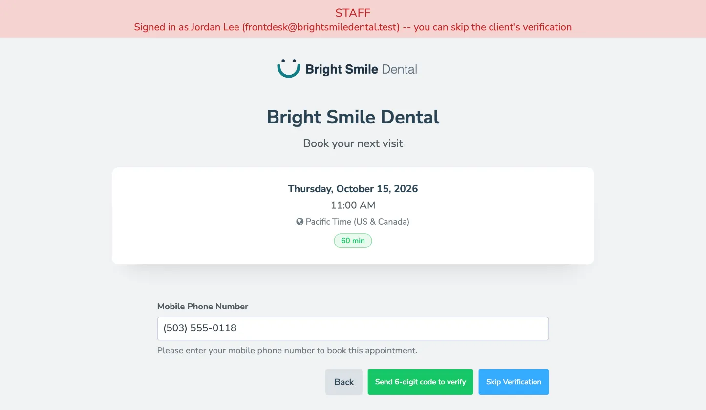 A team member logged in to the account sees a red Staff banner at the top of the booking page, and Send 6-digit code to verify and Skip Verification buttons after entering the client's phone number.
