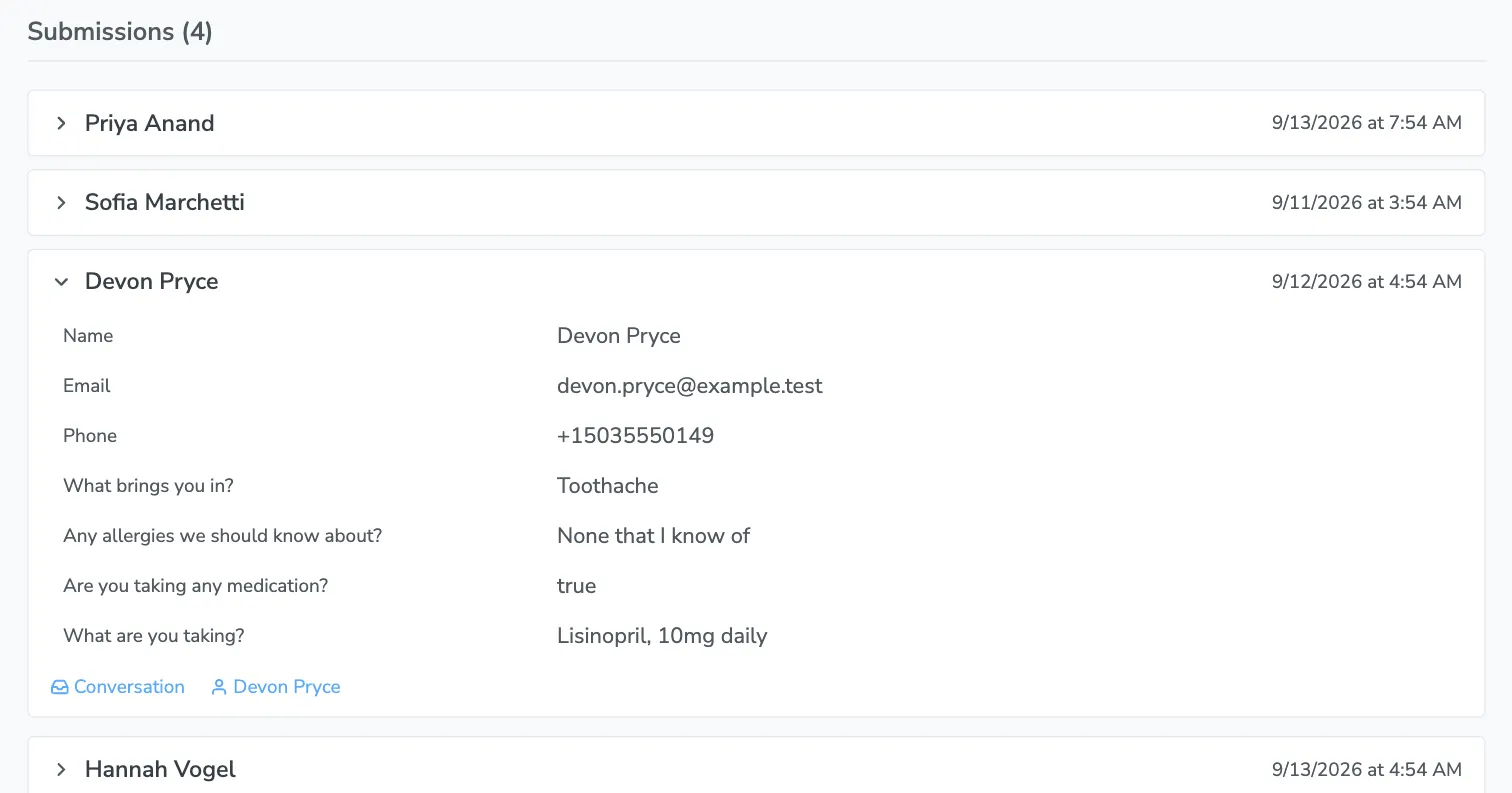 The Submissions tab of a form with one submission expanded to show its answers