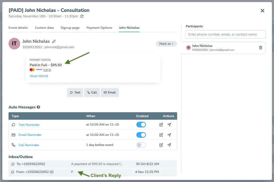 Appointment editor screen reflecting paid in full balance for appointment
