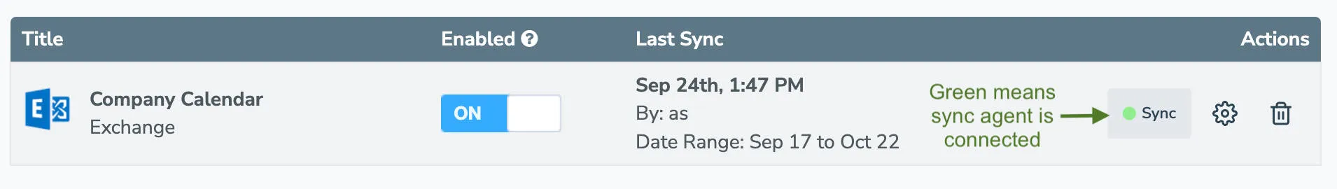 A successful sync status is indicated by a green dot alongside the Sync button