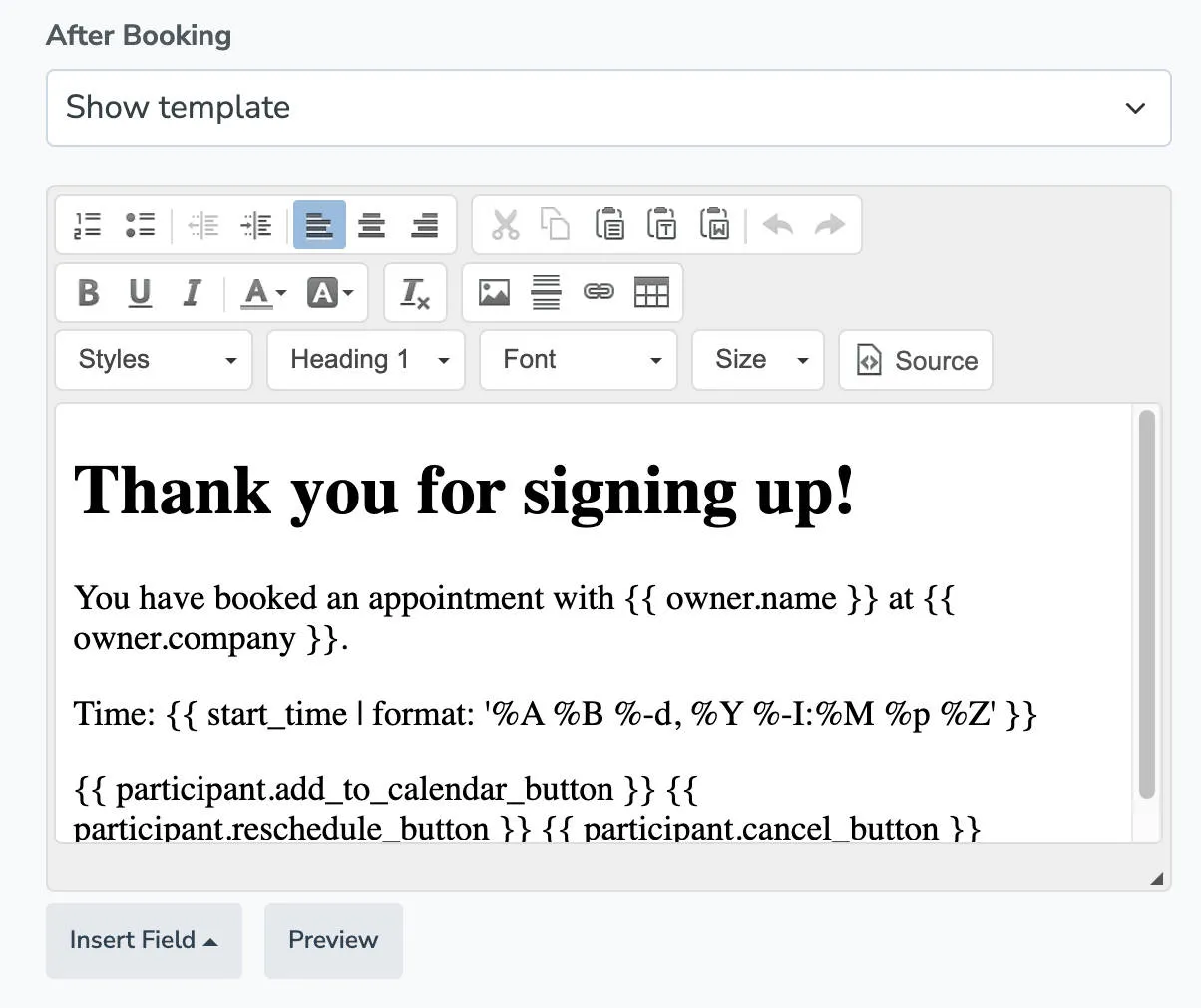 edit after booking email template