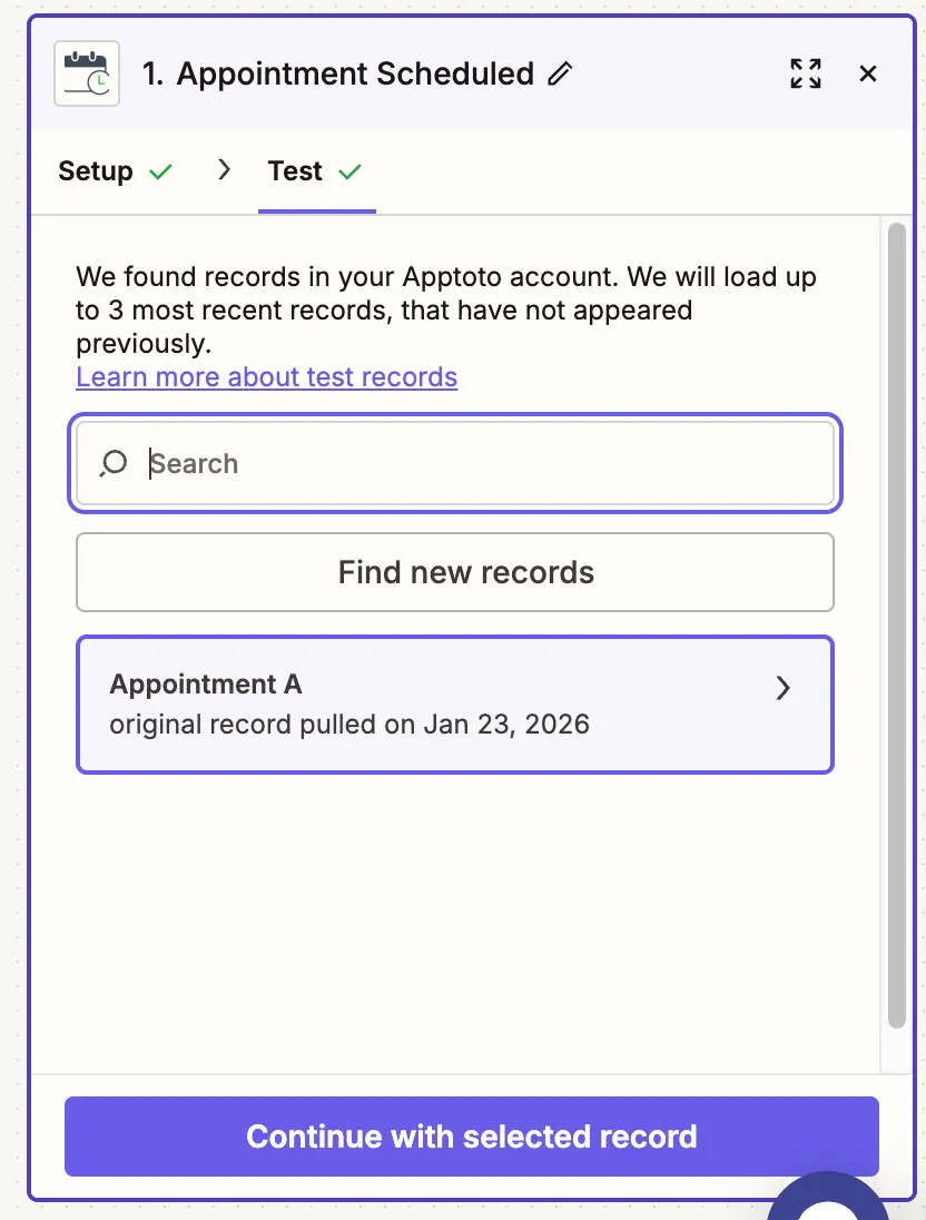 Zapier displaying test record from Apptoto