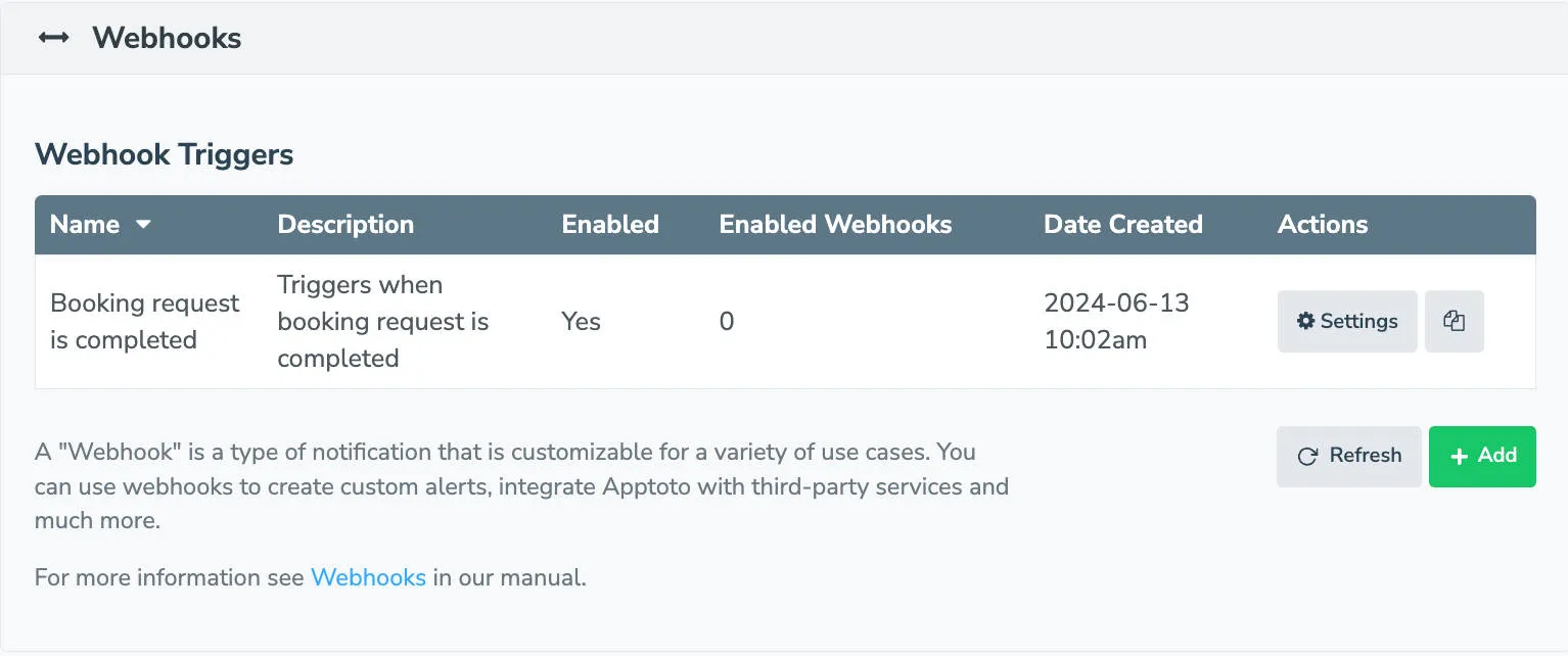 Apptoto webhook trigger for "booking request completed."