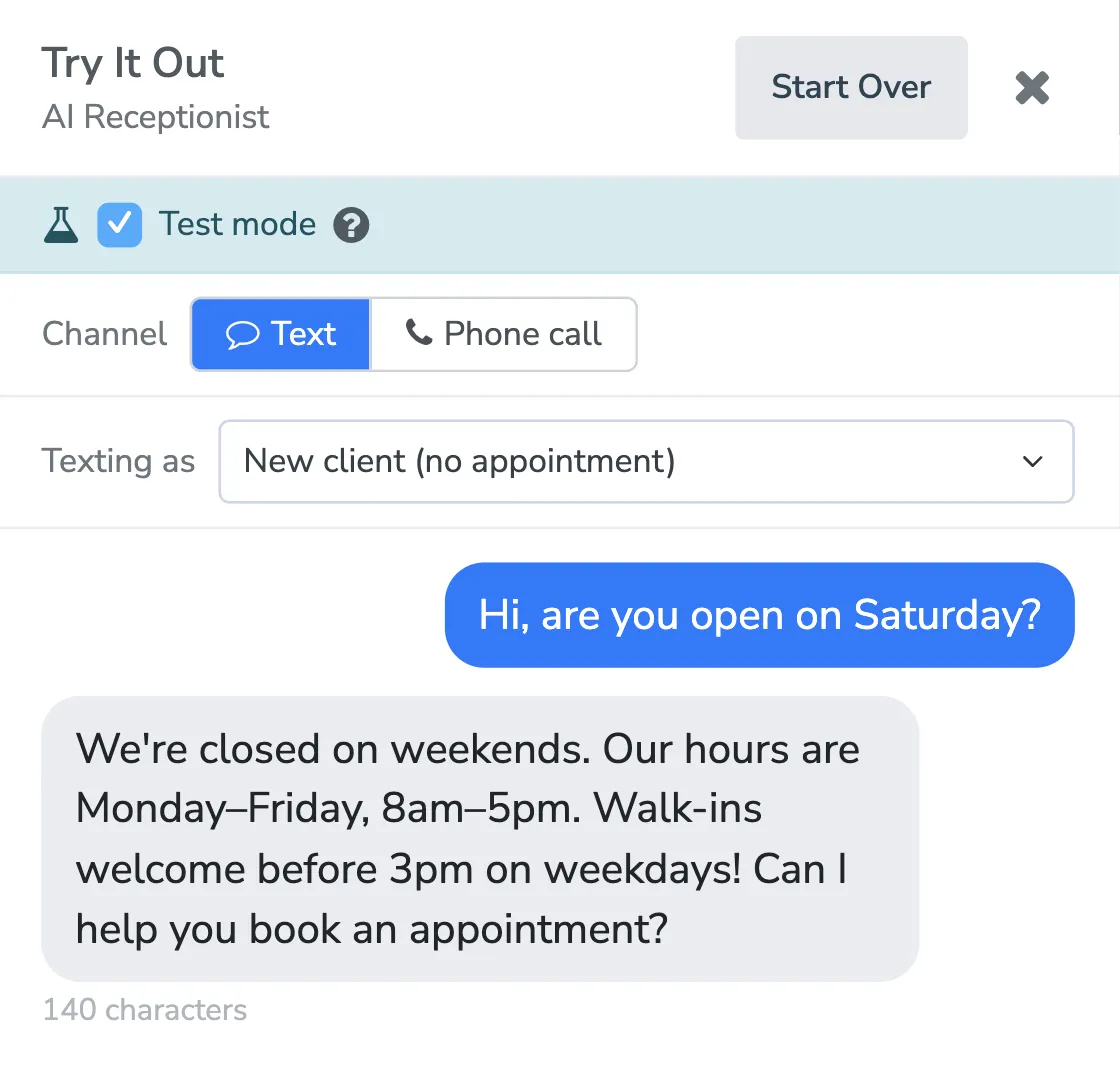 The Try It Out panel with test mode on and a question answered from the business knowledge
