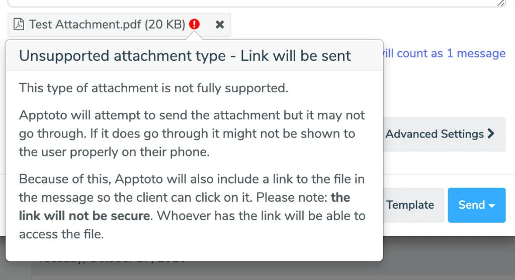 Warning error displayed on attachment that attachment type is unsupported.